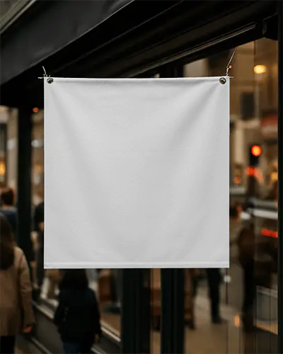 Outdoor Hanging Sign Banner Mockup Square Canvas In Front Of Storefront Glass With Soft Evening Light