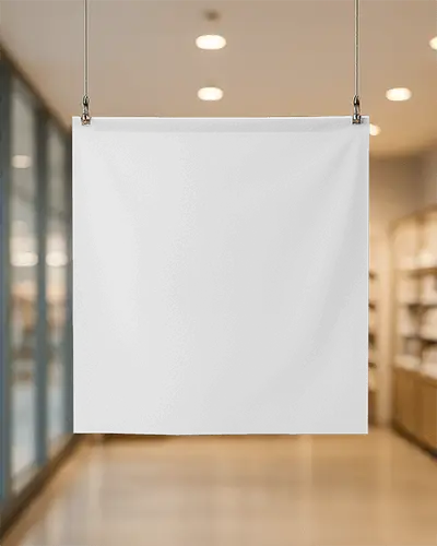 Indoor Store Banner Mockup Minimal Square Display Suspended In Bright Aisle With Glass Panel Background
