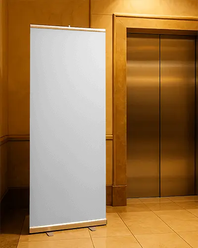 Luxury Interior Vertical Banner Mockup Standing Near Elevator In Elegant Lobby With Golden Walls