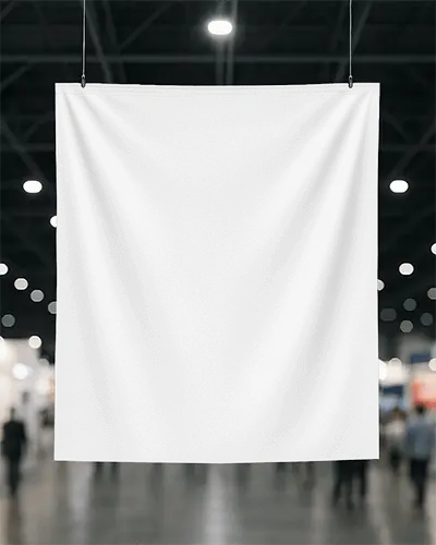 Large Hanging Banner Mockup Blank Fabric Display Suspended In Modern Convention Hall With Industrial Ceiling