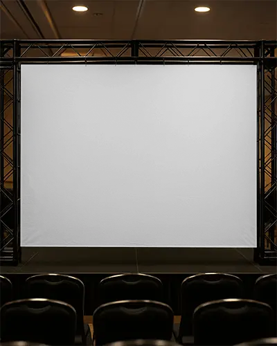 Conference Presentation Banner Mockup Event Backdrop Banner On Truss Structure With Dark Chairs In Foreground