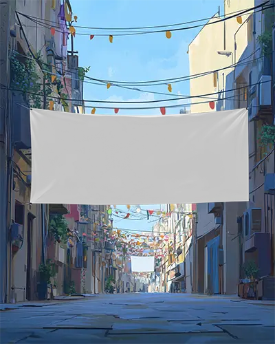 Stylized Street Banner Mockup Hanging Between Buildings In Colorful Alleyway With Festive Decor And Blue Sky