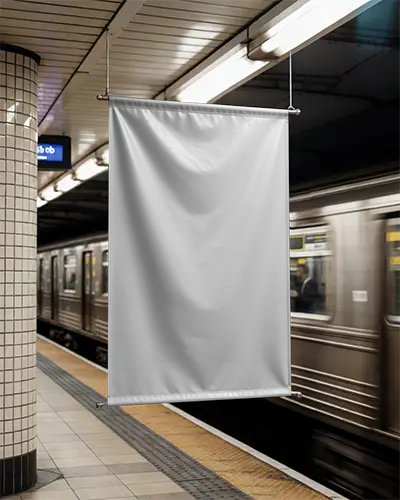 Vertical Subway Banner Mockup Hanging From Ceiling Inside Underground Platform With Train And Tiles In Background