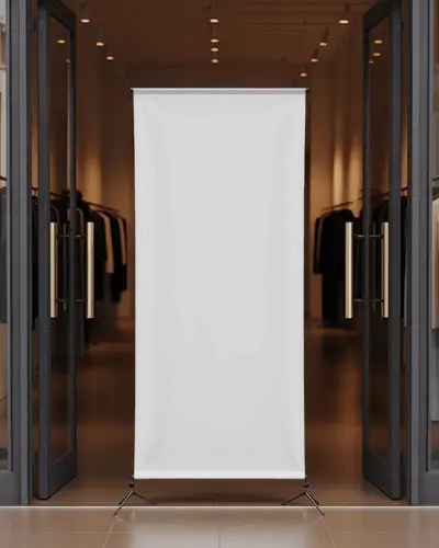 Fashion Boutique Entrance Banner Mockup Vertical White Promotion Banner Outside Luxury Storefront
