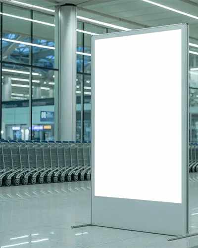 Digital Advertising Banner Mockup Bright Lighted Display Stand In International Airport Baggage Cart Area