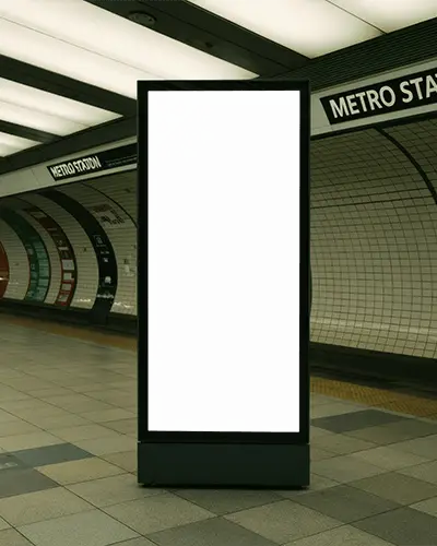 Modern Subway Advertising Banner Mockup Glowing Vertical Kiosk With White Space On Tiled Metro Platform