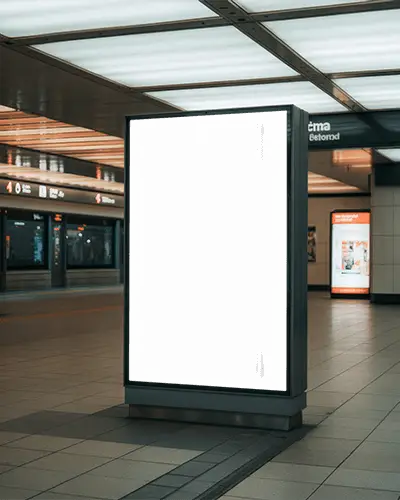 Vertical Subway Banner Mockup Glowing Lightbox Advertisement Display In Underground Transit Terminal