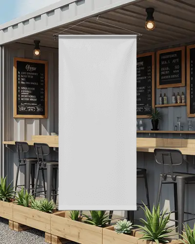 Hanging Banner Mockup Cafe Exterior Vertical White Banner Displayed In Modern Open Air Bar Setting