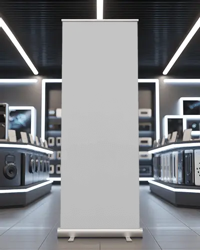 Electronics Store Banner Mockup Vertical Roll Up Display In High Tech Retail Environment With Modern Lighting