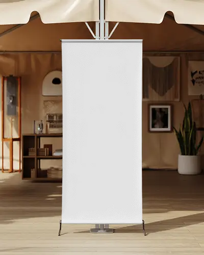 Small Business Market Banner Mockup Roll Up Banner Display In Warm Light Wooden Craft Stand Environment