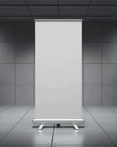 Futuristic Interior Banner Mockup White Roll Up Display In Metallic Wall Room With Grid Tile Floor