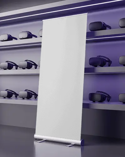 Tech Showcase Banner Mockup Clean White Banner In Futuristic Retail Space Lined With Vr Devices