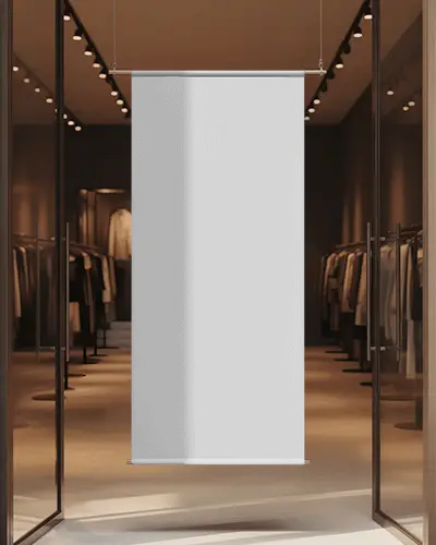 Elegant Storefront Banner Mockup Hanging Vertical Sign In Luxury Clothing Boutique With Track Lighting