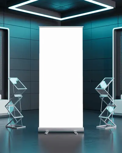 High Tech Event Banner Mockup Clean Vertical Standee In Glowing Blue Interior With Metallic Brochure Racks