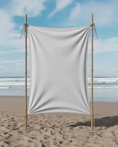 Seaside Advertisement Banner Mockup Fabric Display In Breezy Beach Setting With Clear Skies And Waves