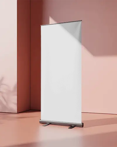 Vertical Roll Up Banner Mockup Set In Pastel Themed Space With Natural Light Casting