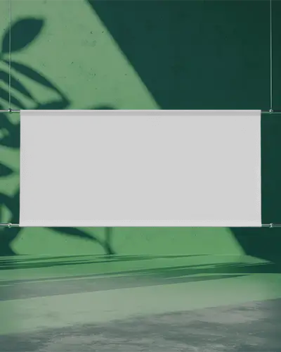 Blank Hanging Banner In Contemporary Studio Setting With Light Shadow Play Background