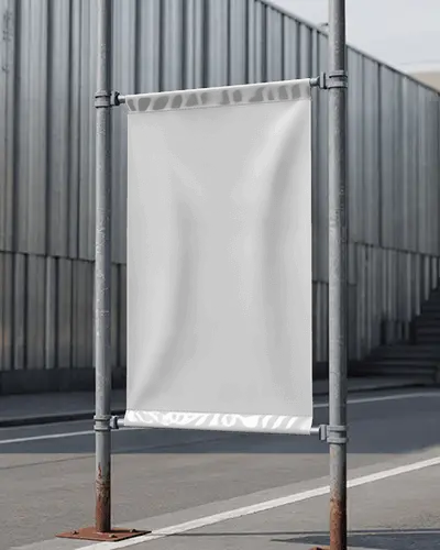 Urban Metal Pole Banner Mockup Vertical Banner On Empty Street With Industrial Backdrop