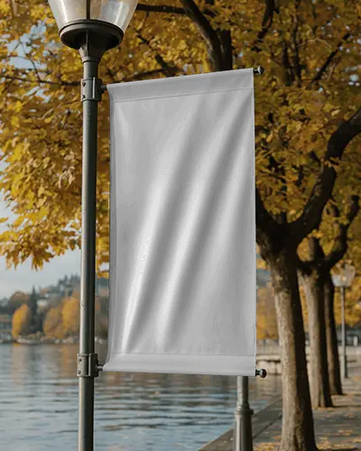 Autumn Riverside Banner Mockup Vertical Flag On Lamp Post With Yellow Foliage And Waterfront View