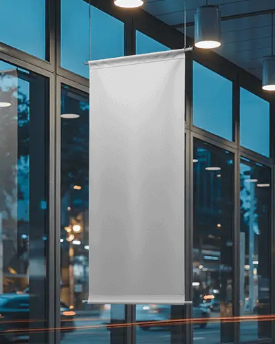 Evening Indoor Banner Mockup Hanging Banner In Glass Window Lobby Lit With Warm Ceiling Lights