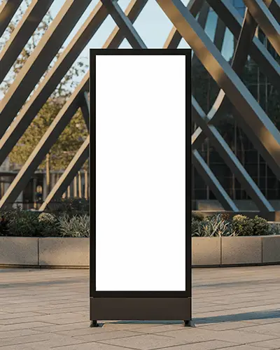 Geometric Urban Structure Banner Mockup Vertical Display On Paved Plaza With Modern Architecture