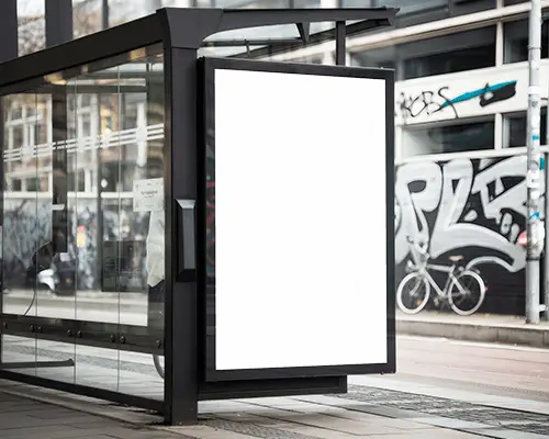 Street Bus Stop Banner Mockup Vertical Display On Shelter Glass Wall With Urban Graffiti Backdrop