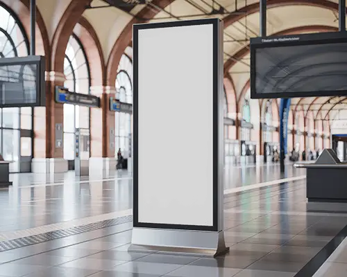 Train Station Kiosk Banner Mockup Free Standing Display In Spacious Terminal With Arched Windows