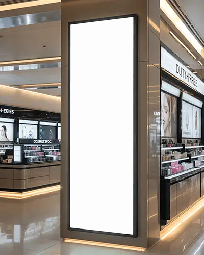 Luxury Duty Free Banner Mockup Display Inside Premium Retail Store With Beauty Product Shelves