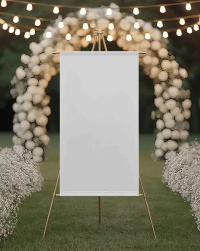 Romantic Outdoor Event Banner Mockup Tripod Display On Lawn With Flower Arch And String Lights