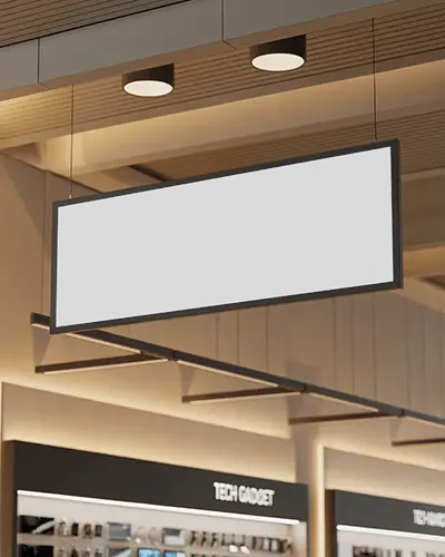 Tech Store Interior Banner Mockup Horizontal Ceiling Hanging Banner In Retail Lighting Section