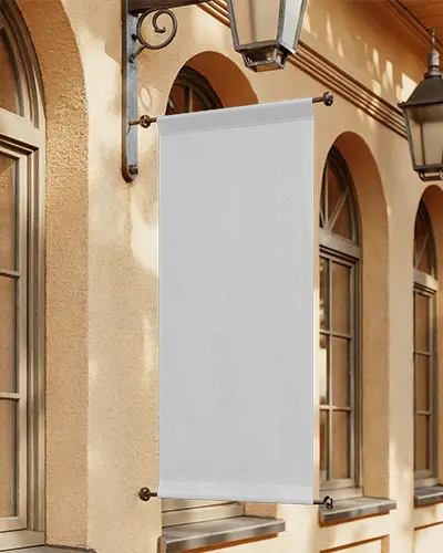 Vintage Building Wall Banner Mockup Mounted Vertical Banner On Facade With Arched Windows