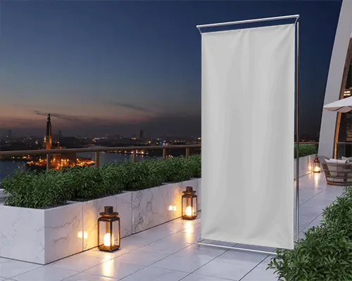 Rooftop Evening Banner Mockup Free Standing Banner On Terrace With City Skyline And Lanterns