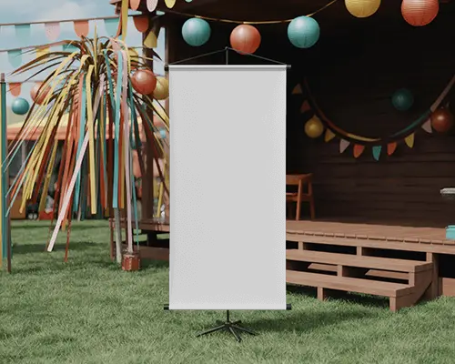 Festival Outdoor Banner Mockup Tripod Banner On Grass With Colorful Streamers And Bunting Decor