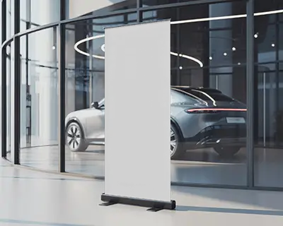 Modern Showroom Banner Mockup Roll Up Banner Inside Glass Car Display Space With Reflections