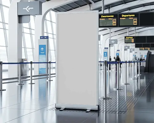 Airport Terminal Banner Mockup Free Standing Display In Departure Hall With Directional Signs