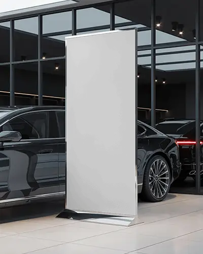 Luxury Car Showroom Banner Mockup Vertical Banner Between Glass Walls And Black Premium Vehicles