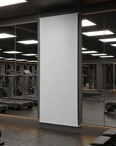 Modern Gym Banner Mockup Hanging Banner In Fitness Studio With Mirrored Wall And Gym Equipment