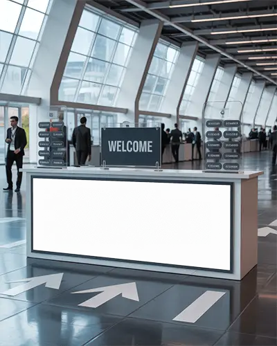 Event Registration Desk Horizontal Banner Mockup On Front Of Welcome Counter In Convention Hall