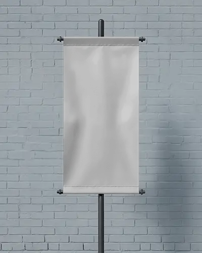 Minimal Street Banner Mockup Mounted On Post In Front Of Light Blue Brick Wall