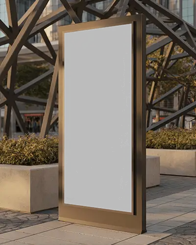 Outdoor City Banner Mockup Vertical Display On Paved Plaza With Metal Architecture Frame