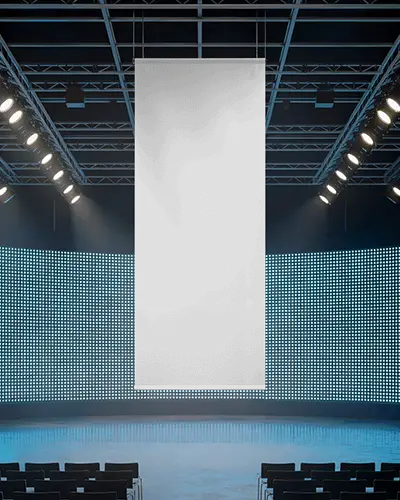Event Stage Banner Mockup Hanging Vertical Banner On Lit Stage With Audience Seating View