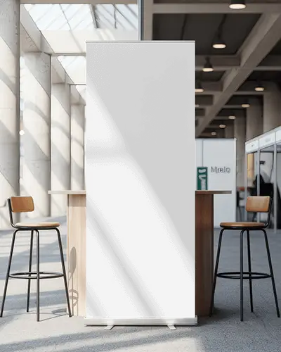 Exhibition Booth Banner Mockup Roll Up Banner Between Stools In Sunlit Modern Trade Fair Area