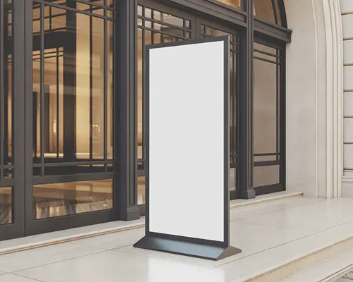 Luxury Retail Banner Mockup Vertical Display Outside Storefront With Glass And Arched Entrance