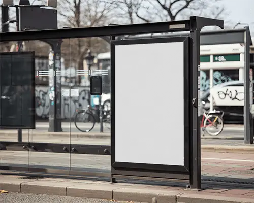 Street Bus Shelter Banner Mockup Urban Glass Shelter Display On Sidewalk With City Background