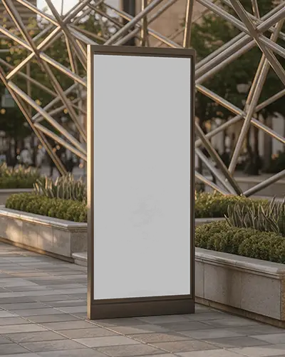 City Architecture Banner Mockup Vertical Display On Tiled Walkway With Metal Structure Backdrop