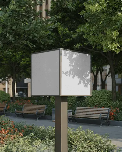 Urban Park Banner Mockup Square Display On Metal Pole In Greenery With Benches And Trees