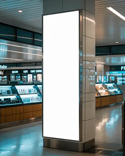 Banner Mockup Vertical Display Wrapped Around Pillar In Cosmetics Shopping Area