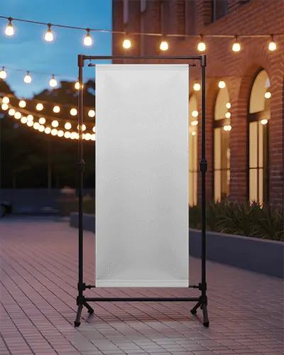 Evening Street Banner Mockup Outdoor Display In Bokeh Lit Urban Scene With String Lights Glow