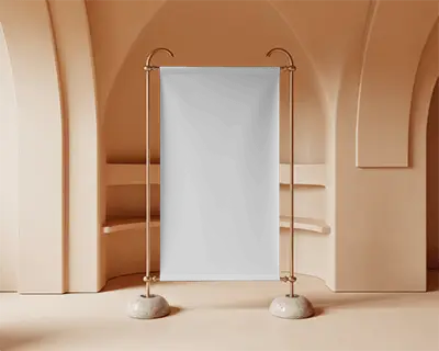 Aesthetic Arched Interior Banner Mockup Standing Display In Modern Sculpted Sandstone Room