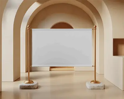 Horizontal Banner Mockup In Arched Indoor Setting With Clean Floor And Balanced Soft Light